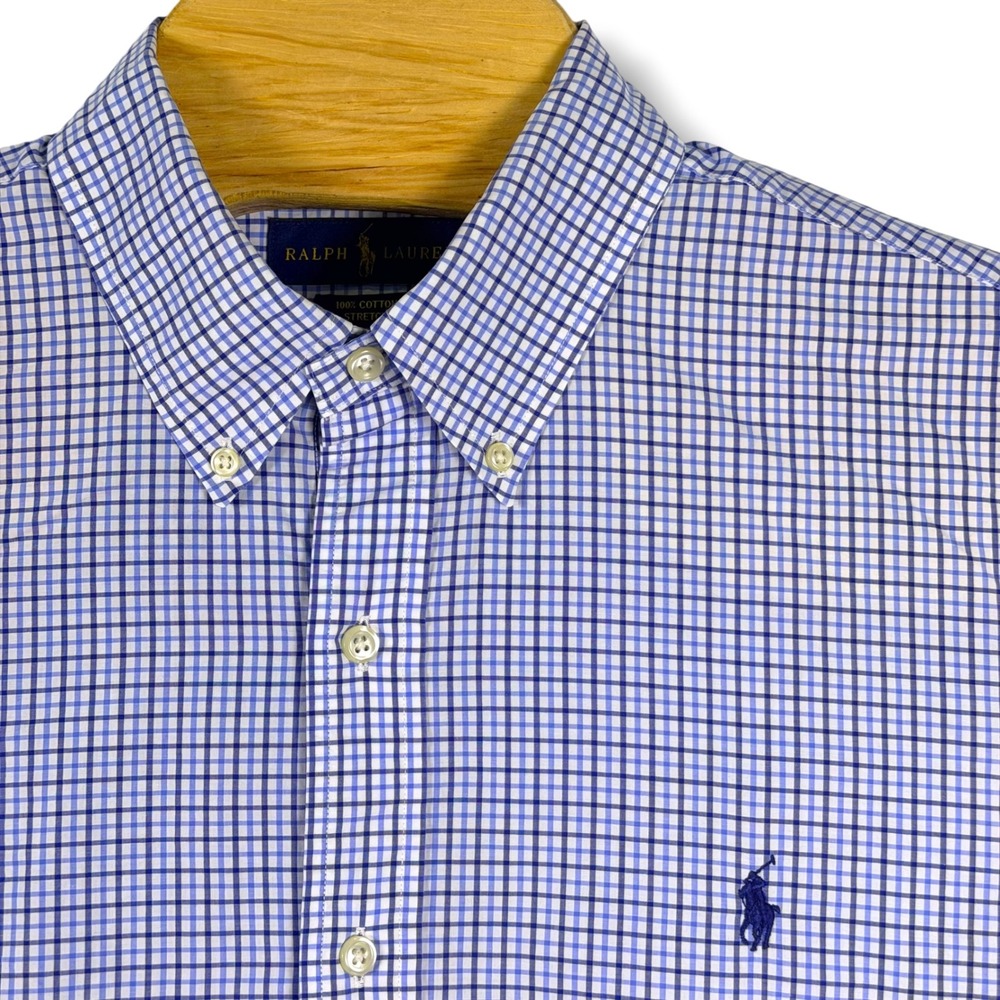 Ralph Lauren Button Down Shirt Mens L Blue Check Cotton Stretch Classic Preppy